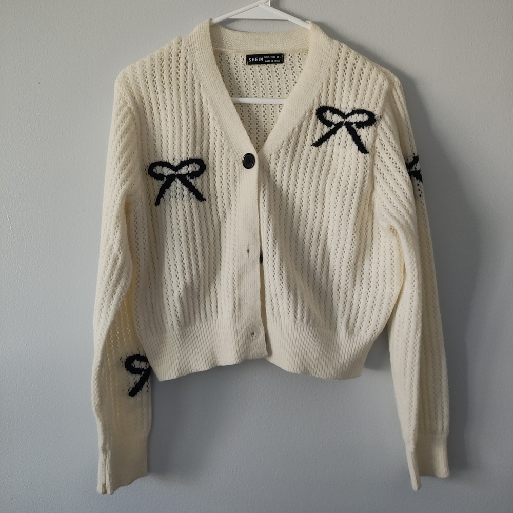 SHEIN Cream Cardigan with Black Bow Details
